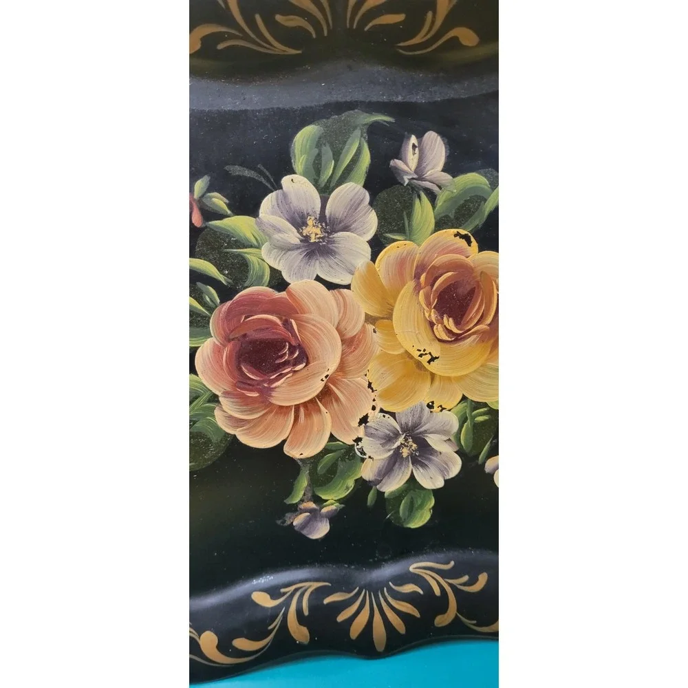 Vtg Large Black Floral Hand Painted Toleware Tray with Gold Scrolls 19 X 15